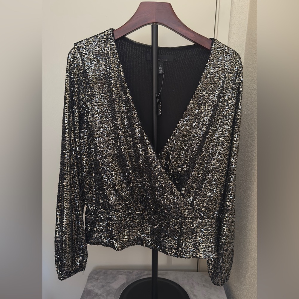 White House Black Market Black and Silver Sequin Blouse